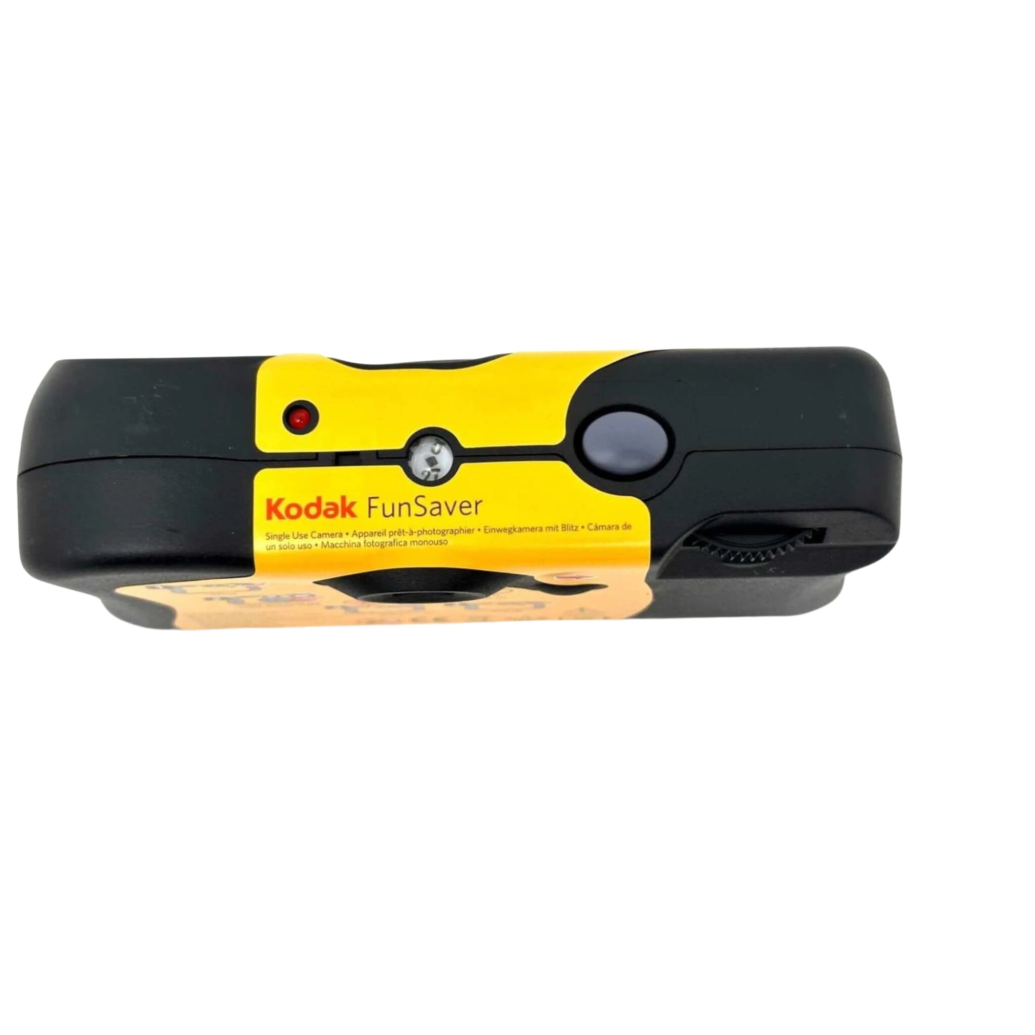 Kodak funsaver instant camera with black and yellow body, featuring a red shutter button and silver film advance lever.