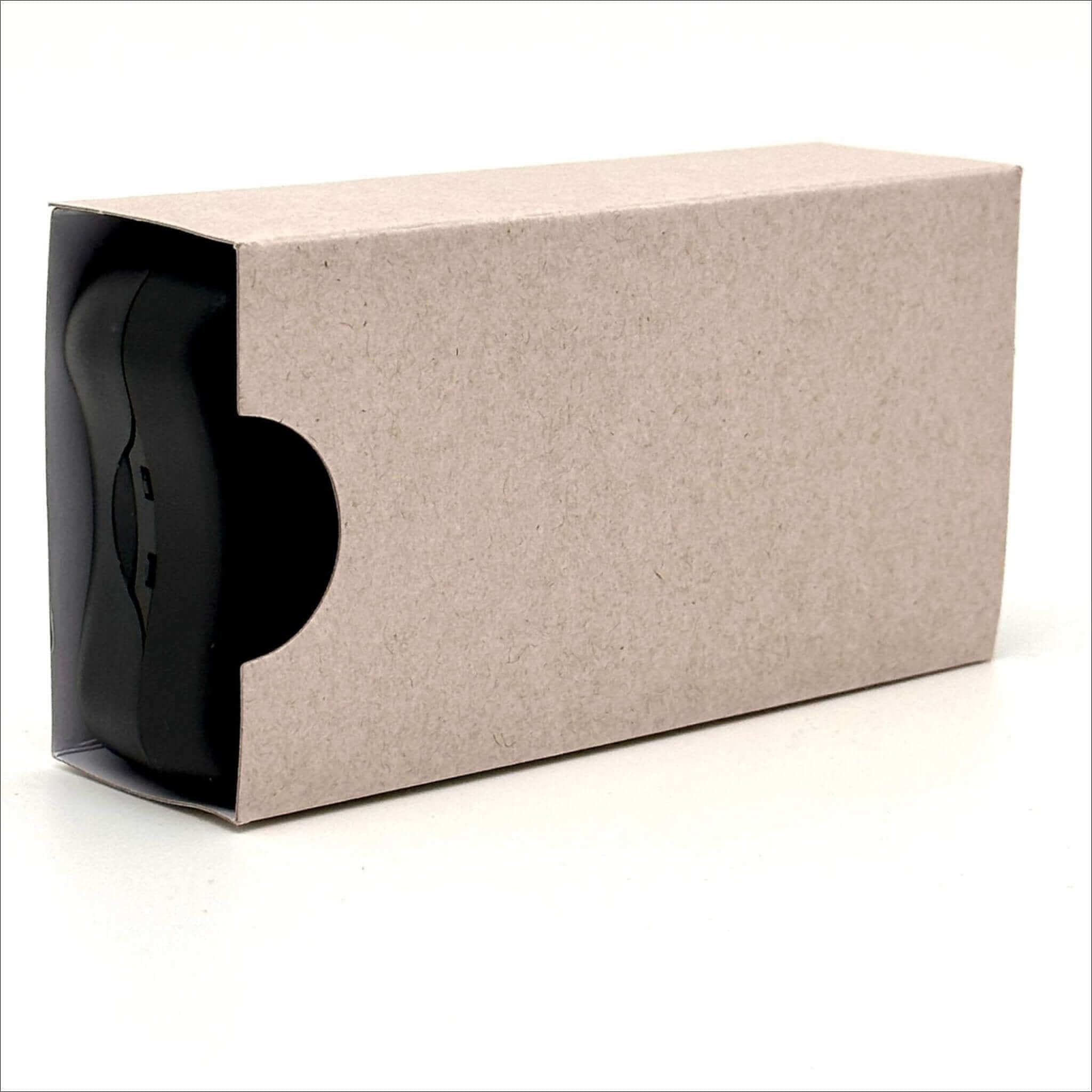 A sleek black wireless earbud nestled inside a minimalist beige cardboard box with a cutout window.