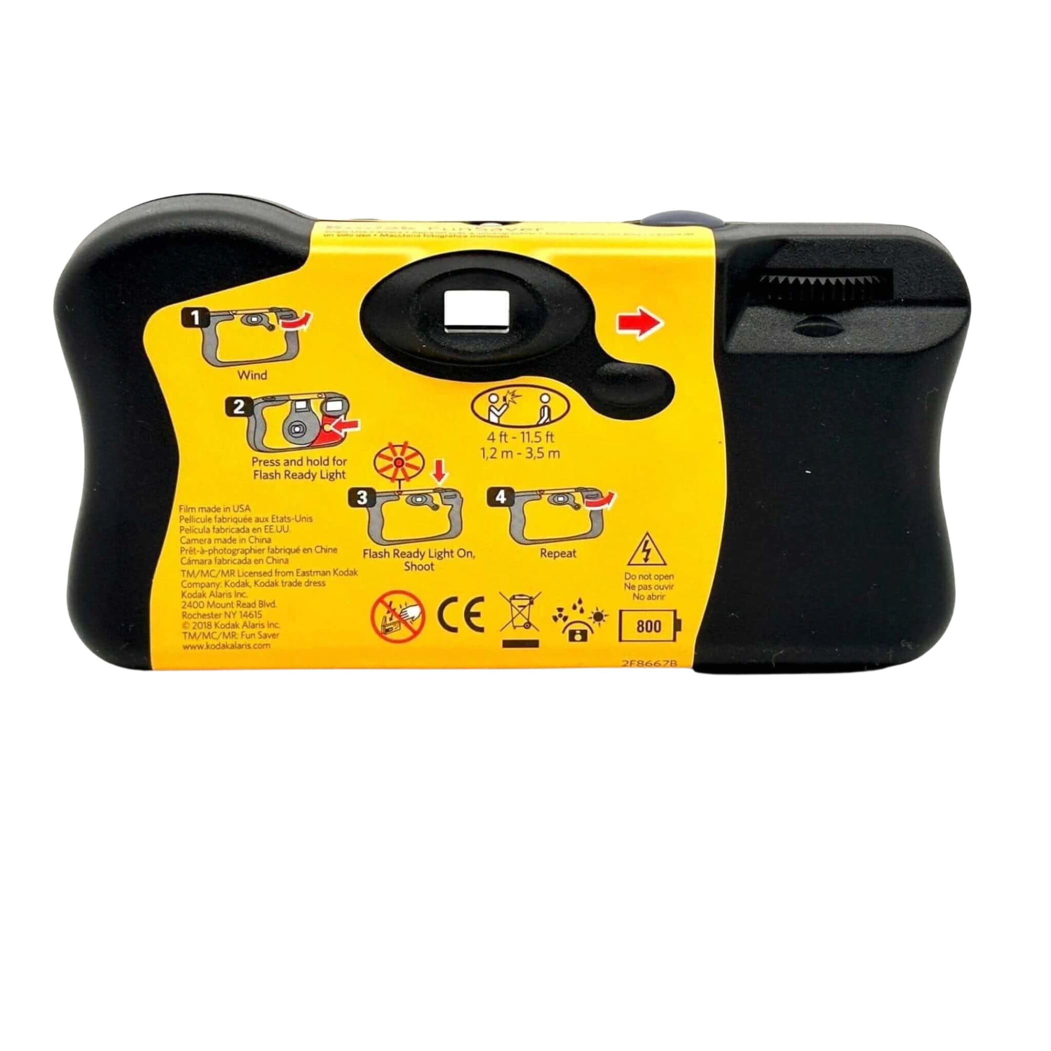 Yellow and black disposable camera with a flash-ready light feature.