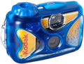 Blue translucent kodak power flash waterproof disposable 35mm film camera with yellow and orange accents for easy use