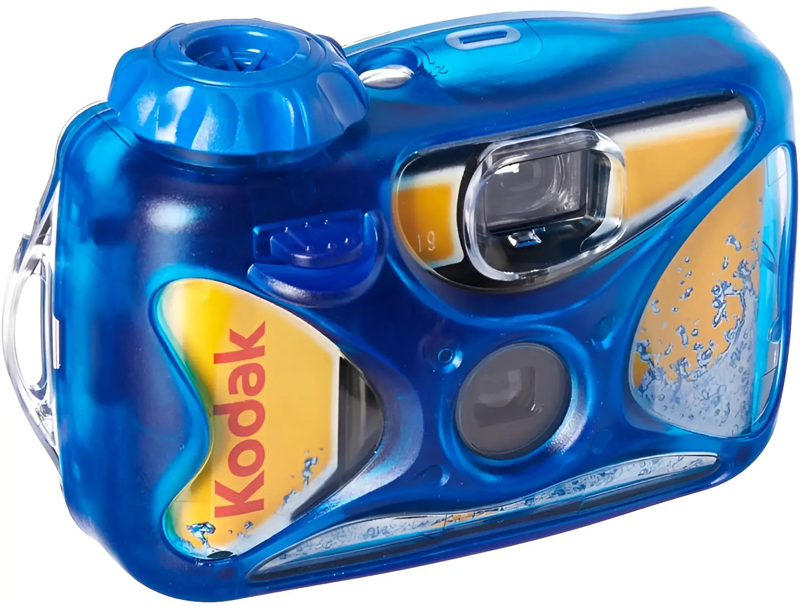 Blue translucent kodak power flash waterproof disposable 35mm film camera with yellow and orange accents for easy use