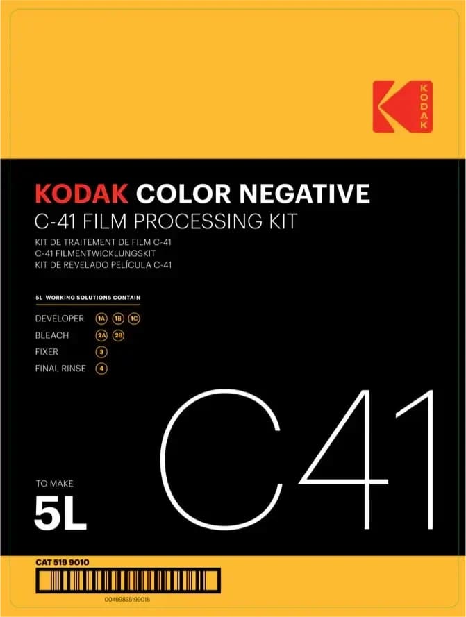 Kodak c-41 color negative film processing kit in a bold yellow and black package.