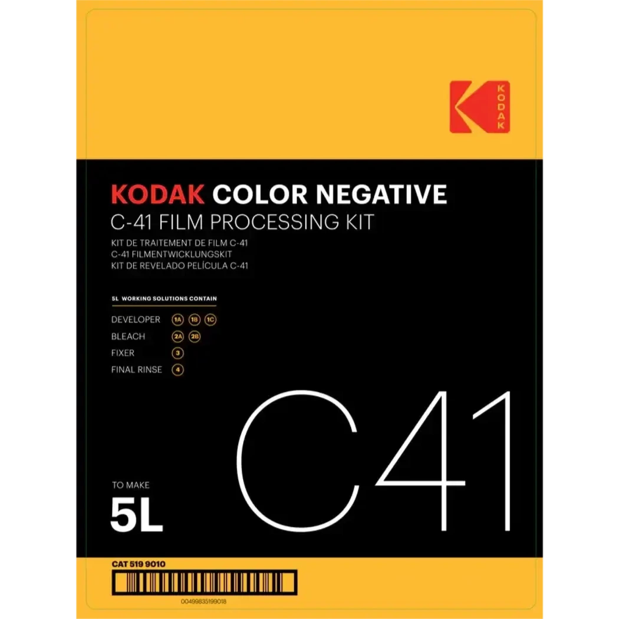 Kodak c-41 color negative film processing kit in a bold yellow and black package.
