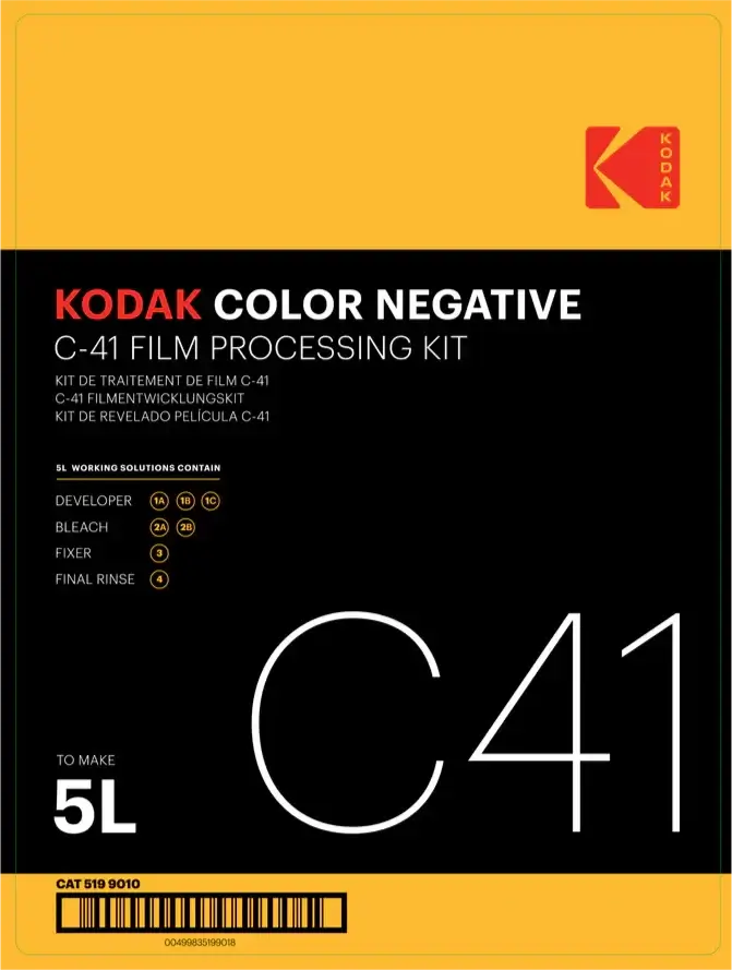 Kodak Color Negative C-41 Film Processing Kit packaging, includes developer, bleach, fixer for 5L processing.