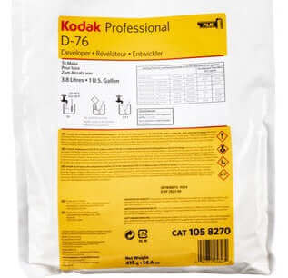 Kodak D-76 Film Developer package, 1 gallon, for developing black-and-white films with fine grain and excellent detail.
