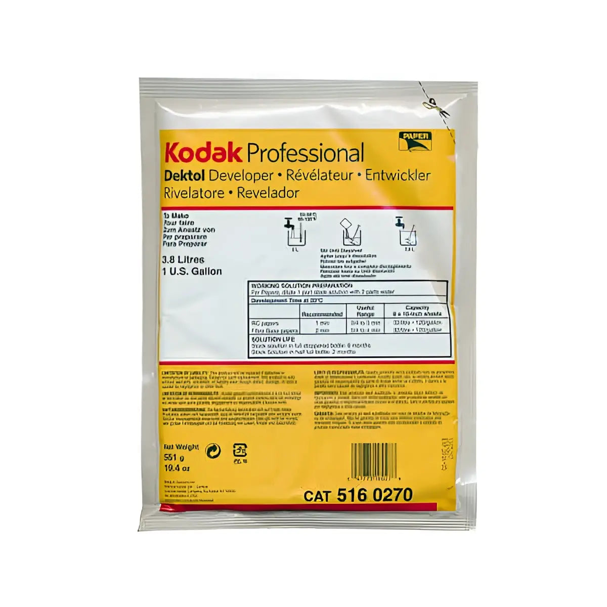 Kodak professional dektol developer, a yellow and white pouch containing 3.8 litres of photographic developing solution for professional use.