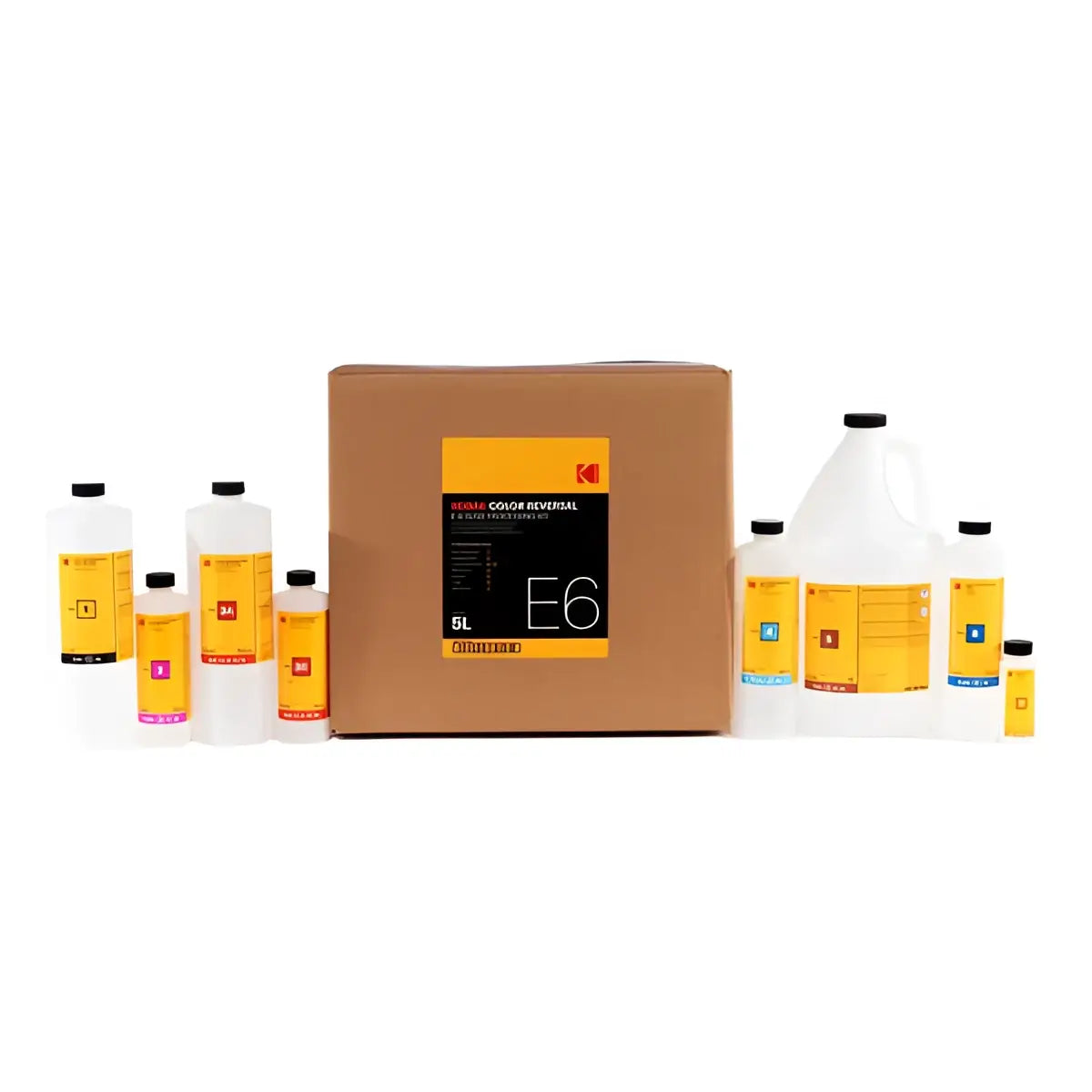 Kodak e6 color reversal film processing kit in a 5l cardboard box with various bottles of chemicals.