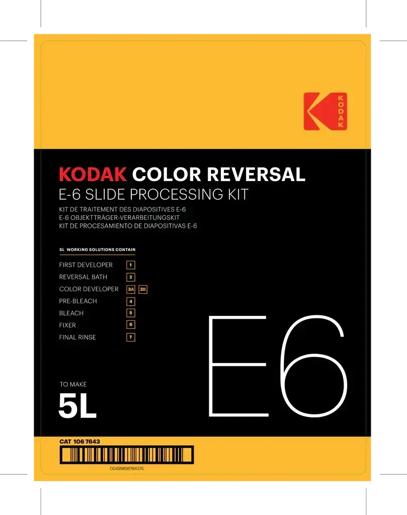 Kodak Color Pattern Kodak e-6 slide processing kit in a black and yellow package with white ...