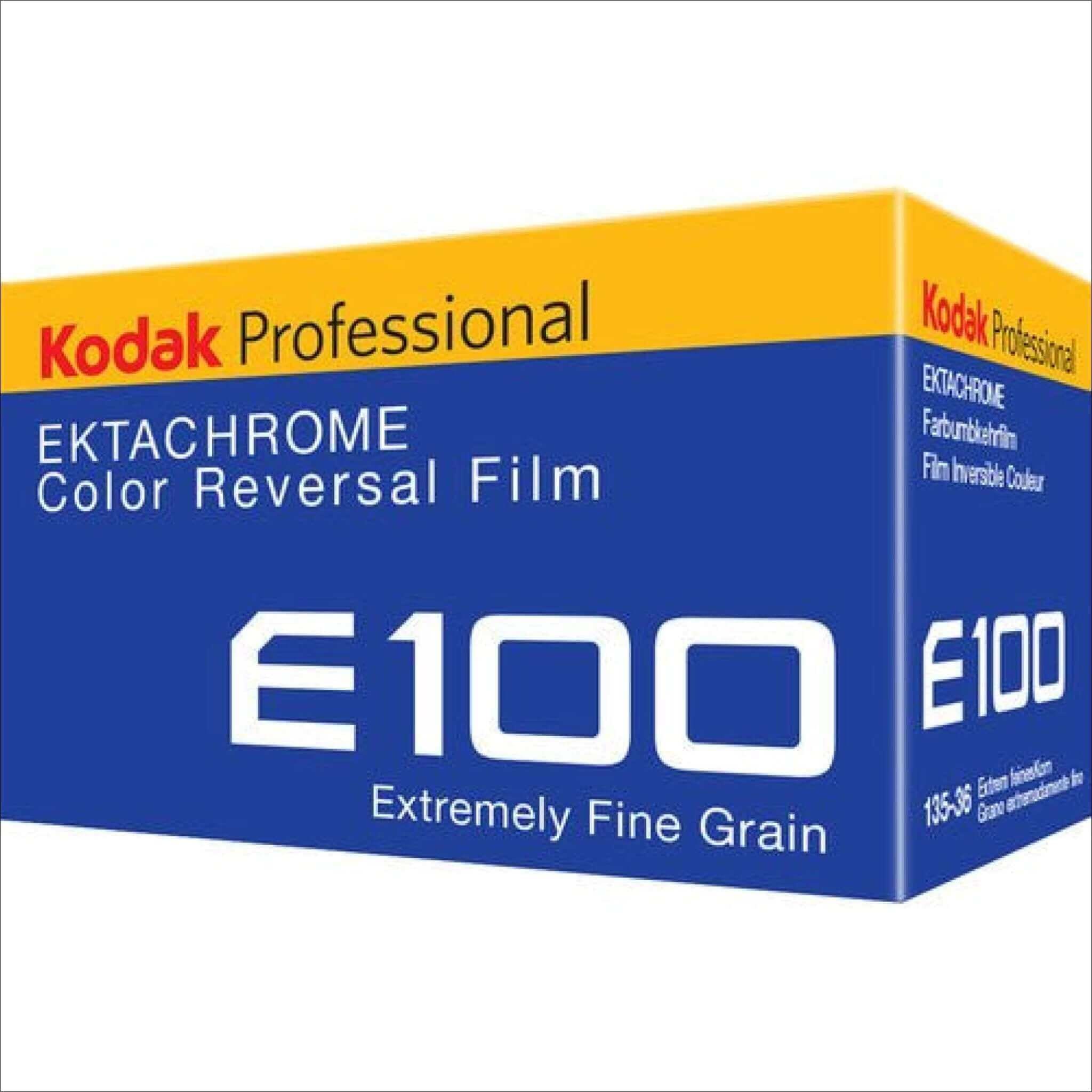 Kodak professional ektachrome color reversal film in a blue and yellow box with ’e100’’ prominently displayed.
