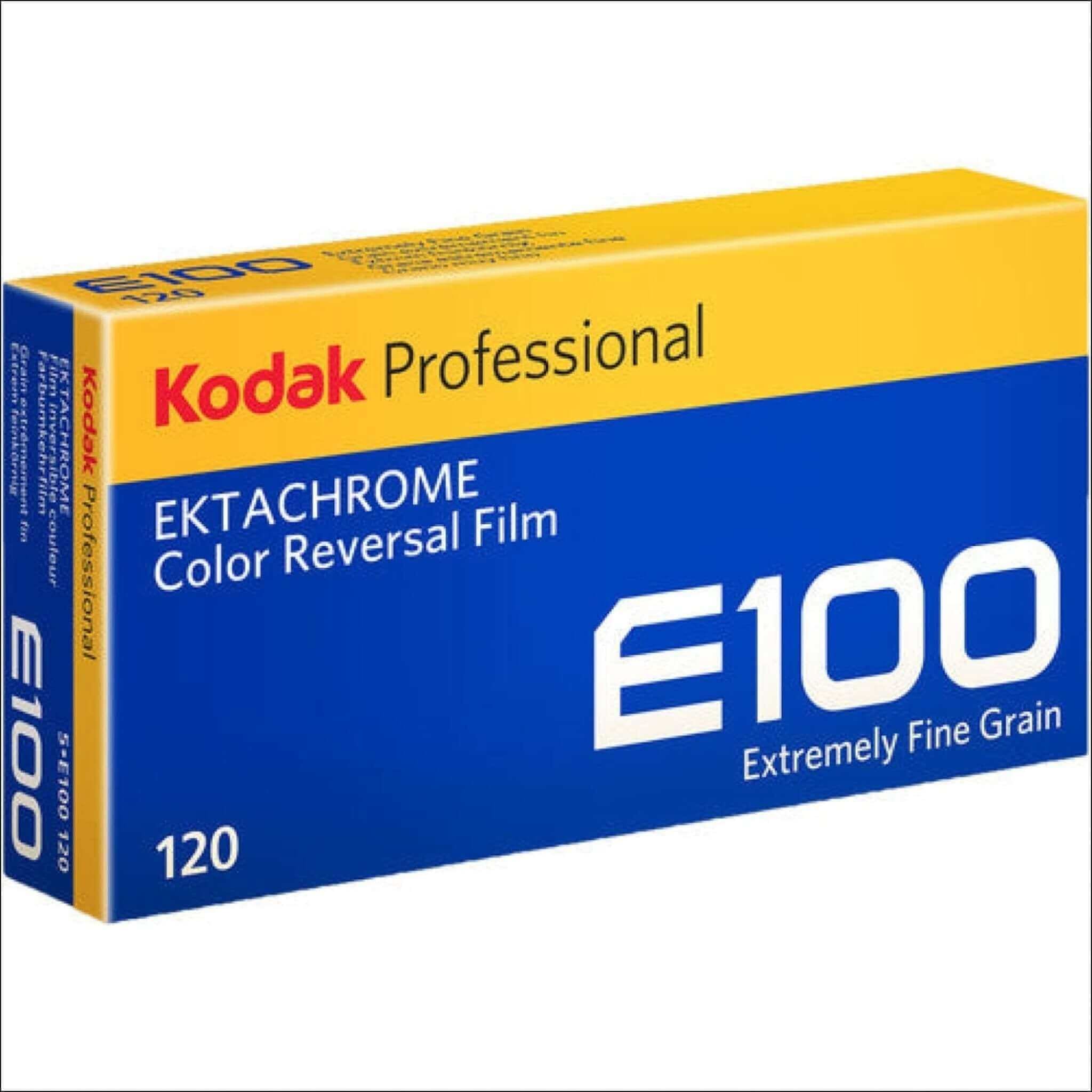 Kodak professional ektachrome color reversal film e100 in a vibrant yellow and blue box with white text.