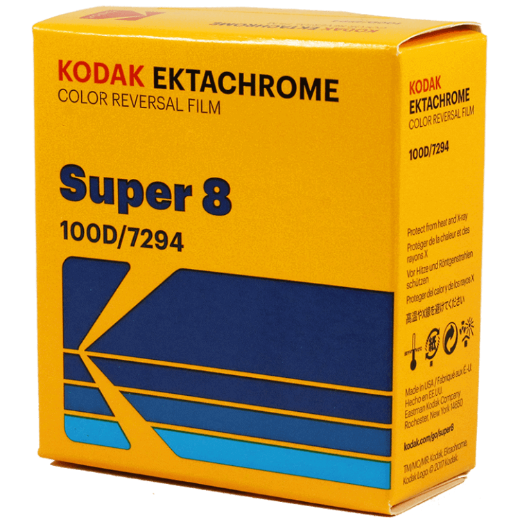 Kodak Ektachrome Super 8 color reversal film cartridge box 100D/7294 for vibrant image quality.