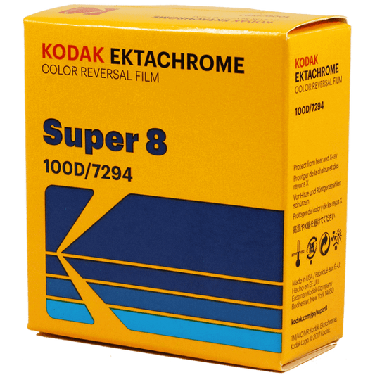Kodak Ektachrome Super 8 color reversal film cartridge box 100D/7294 for vibrant image quality.