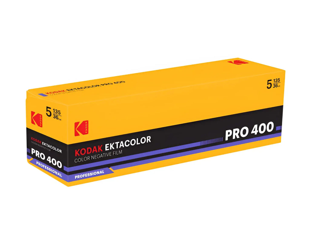 Kodak ektacolor pro 400 iso color c41 35mm 36 exp film 5-pack in vibrant yellow box with black and purple accents