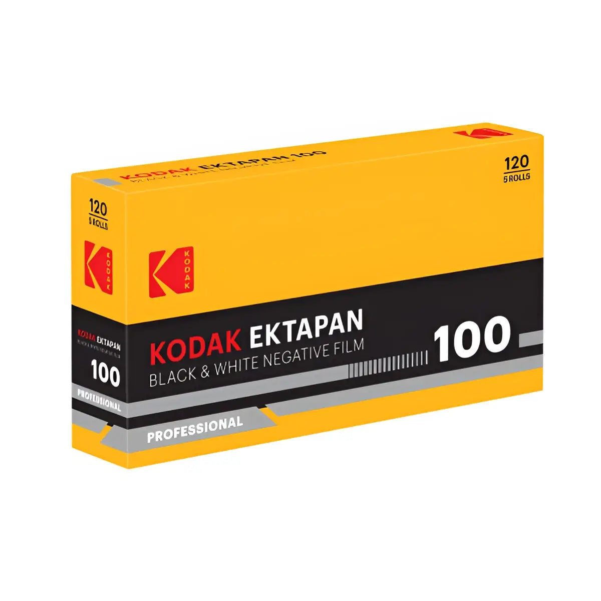 Kodak ektapan 100 iso black and white negative film in bright yellow box with fine grain and high sharpness features