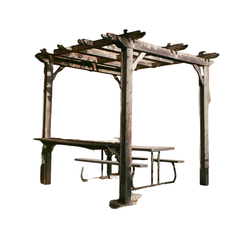 Weathered wooden pergola with a rustic, dark brown finish and simple beam design.