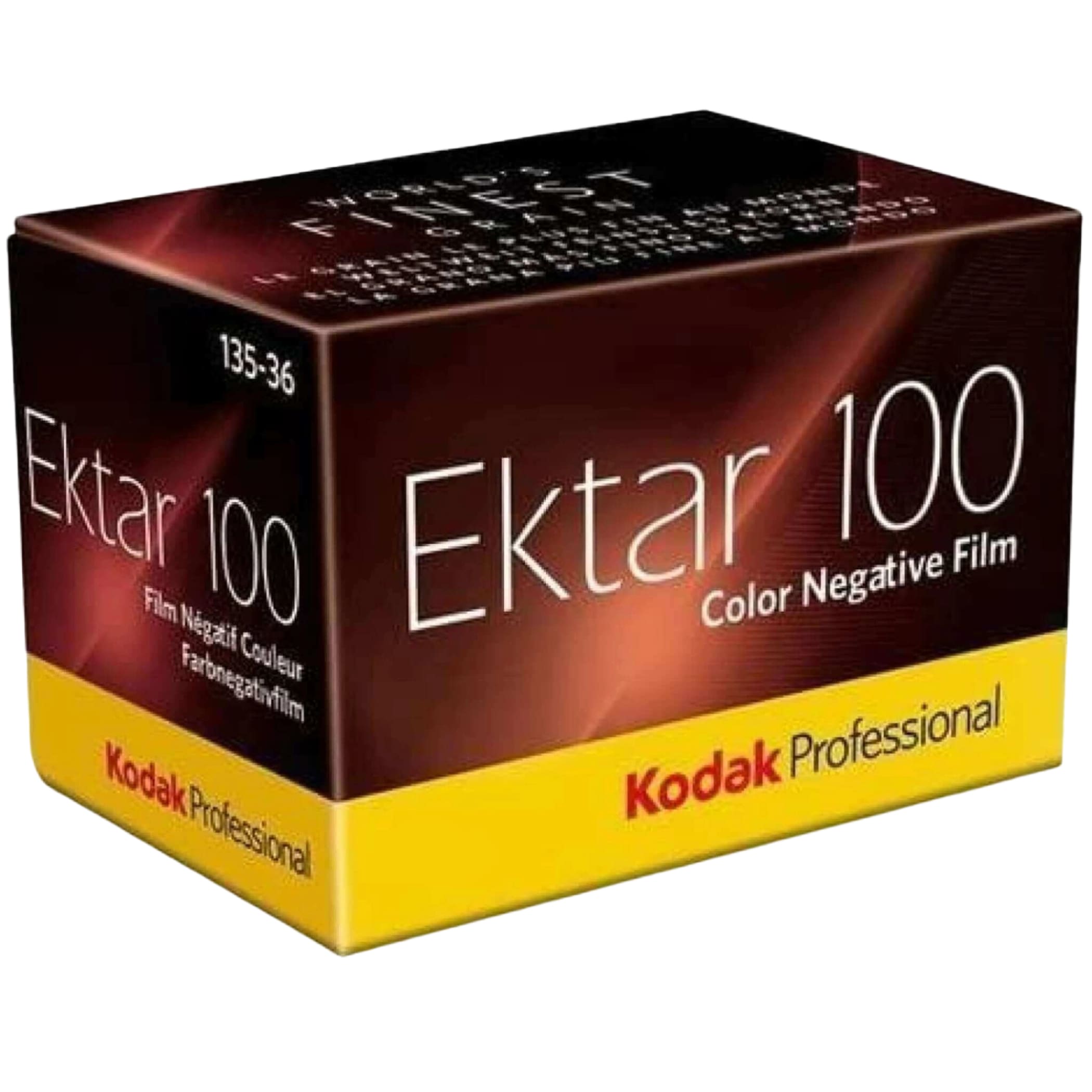 Kodak professional ekta 100 color negative film in a dark red and yellow box.
