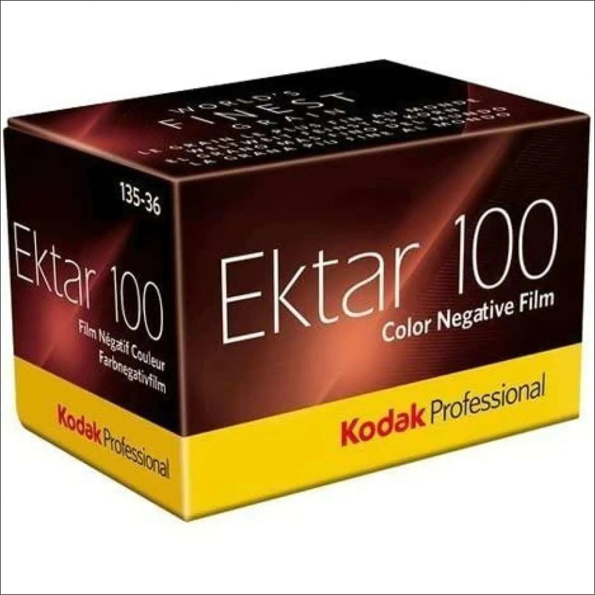 Kodak professional ekta 100 color negative film in a dark red and yellow box.