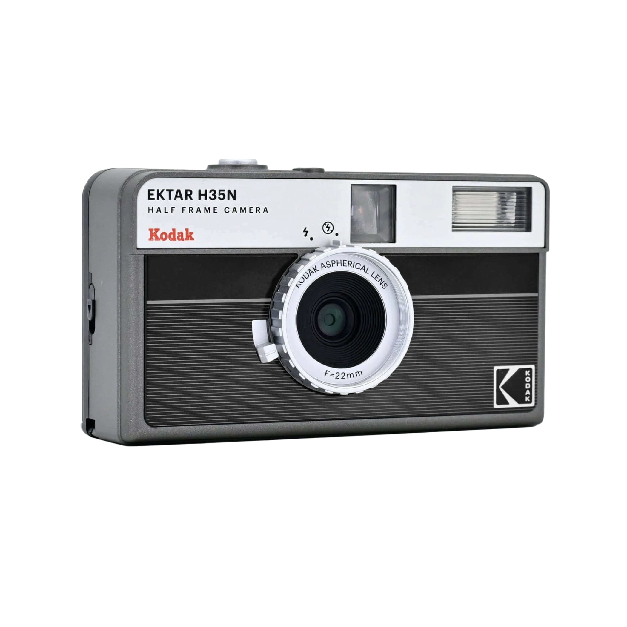 Black and silver kodak ektar h35n half-frame camera with a textured body, white lens ring labeled ’kodak aspherical lens f=22mm,’ and a rectangular flash unit on the top right.