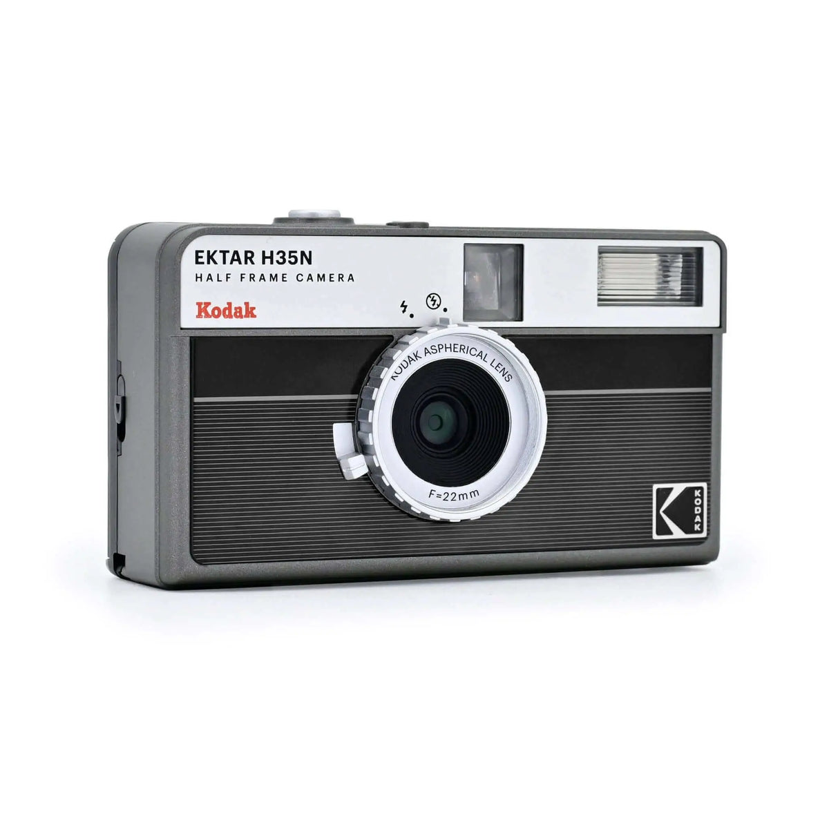 Black and silver kodak ektar h35n half-frame camera with a textured body, white lens ring labeled ’kodak aspherical lens f=22mm,’ and a rectangular flash unit on the top right.
