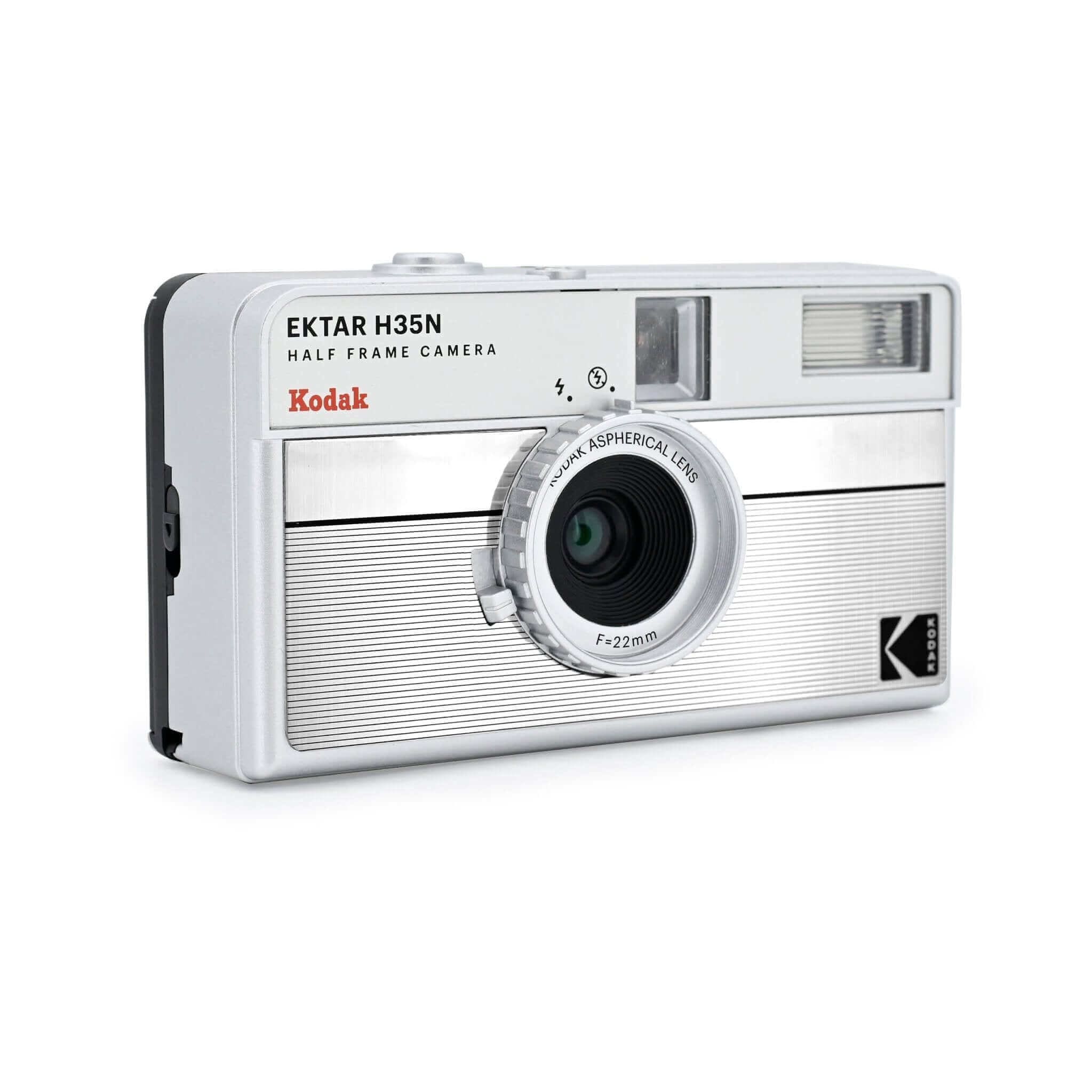 Silver kodak ektar h35n half-frame camera with a textured, ribbed body and a 22mm aspherical lens.
