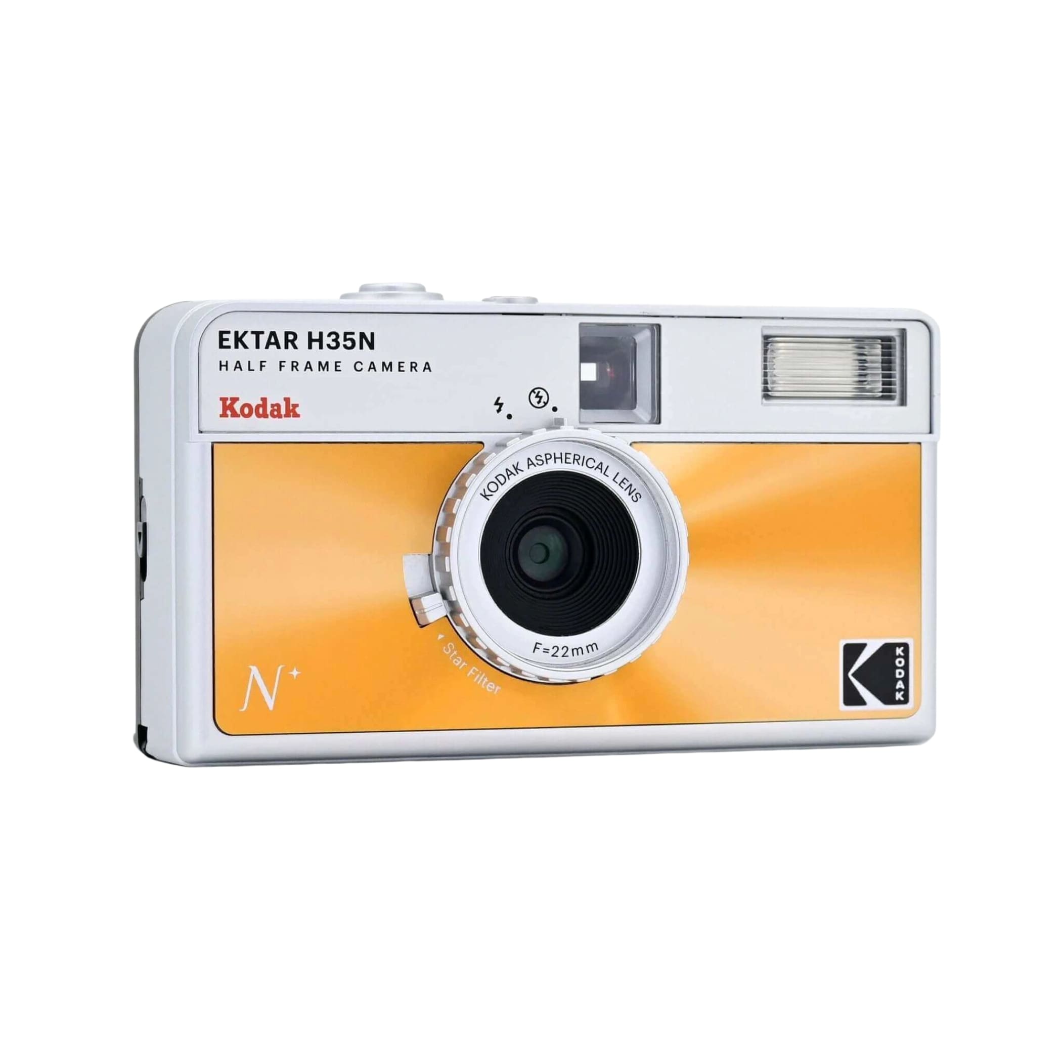 A vibrant orange and silver kodak ektar h35n half-frame camera with a circular lens marked ’kodak aspherical lens f=22mm.’