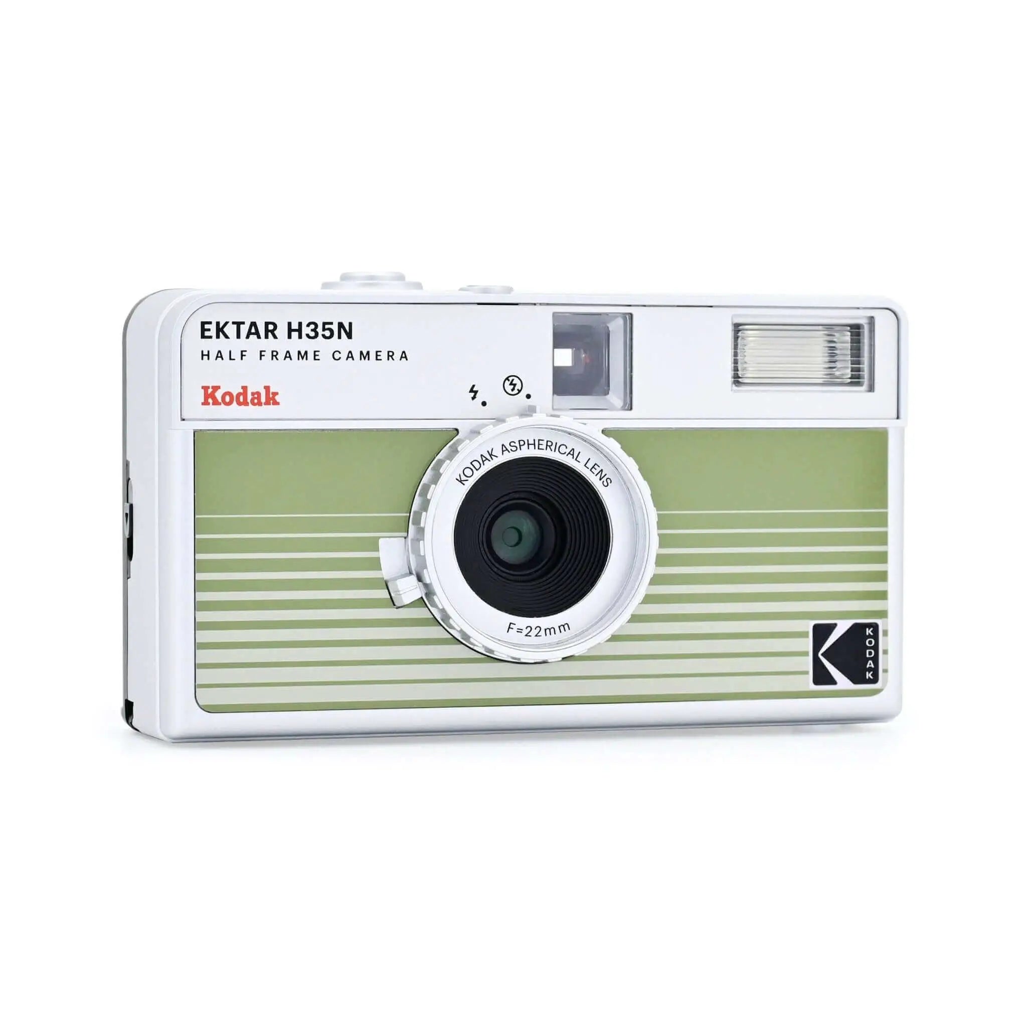 White and sage green striped kodak ektar h35n half-frame camera with a 22mm aspherical lens.