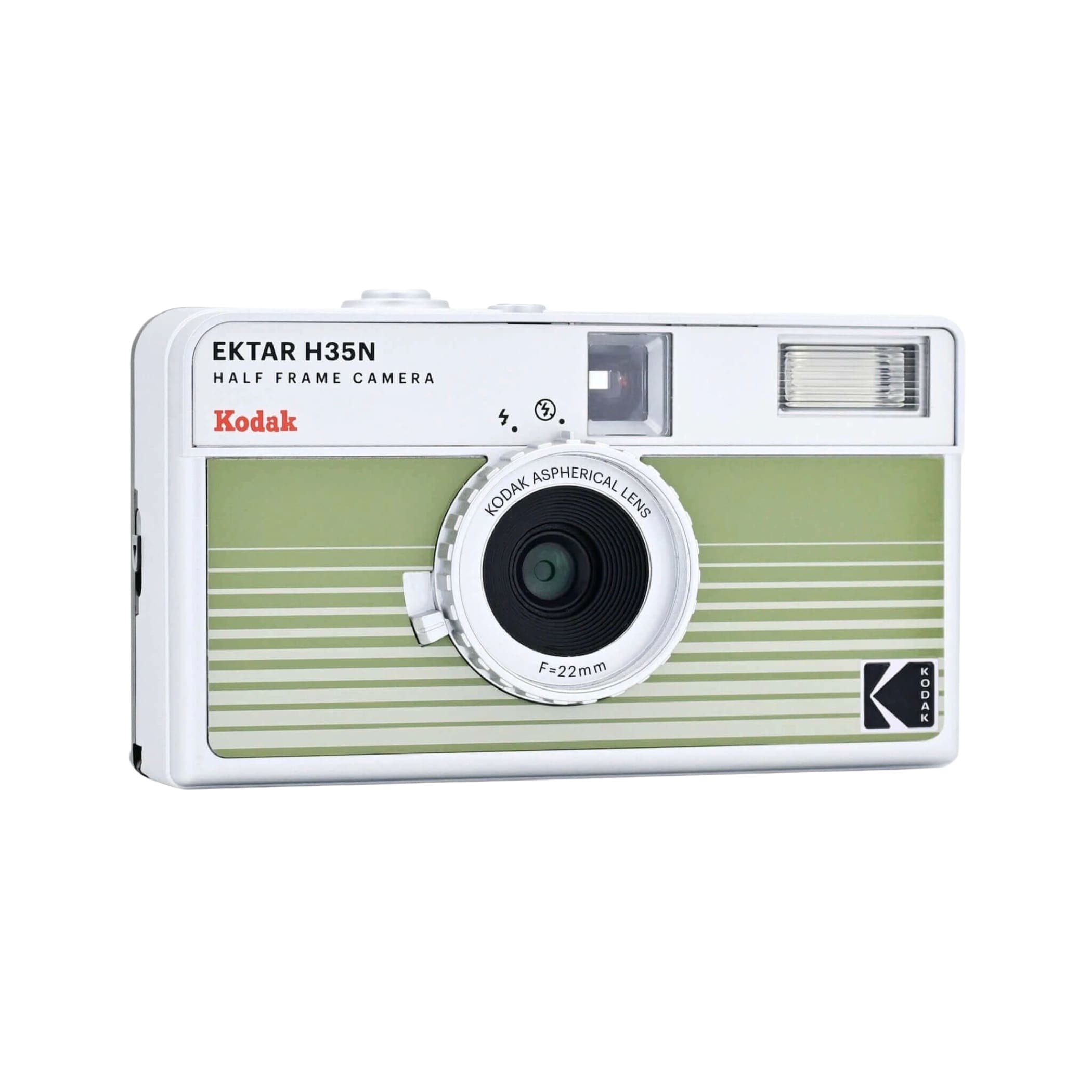 White and sage green striped kodak ektar h35n half-frame camera with a 22mm aspherical lens.