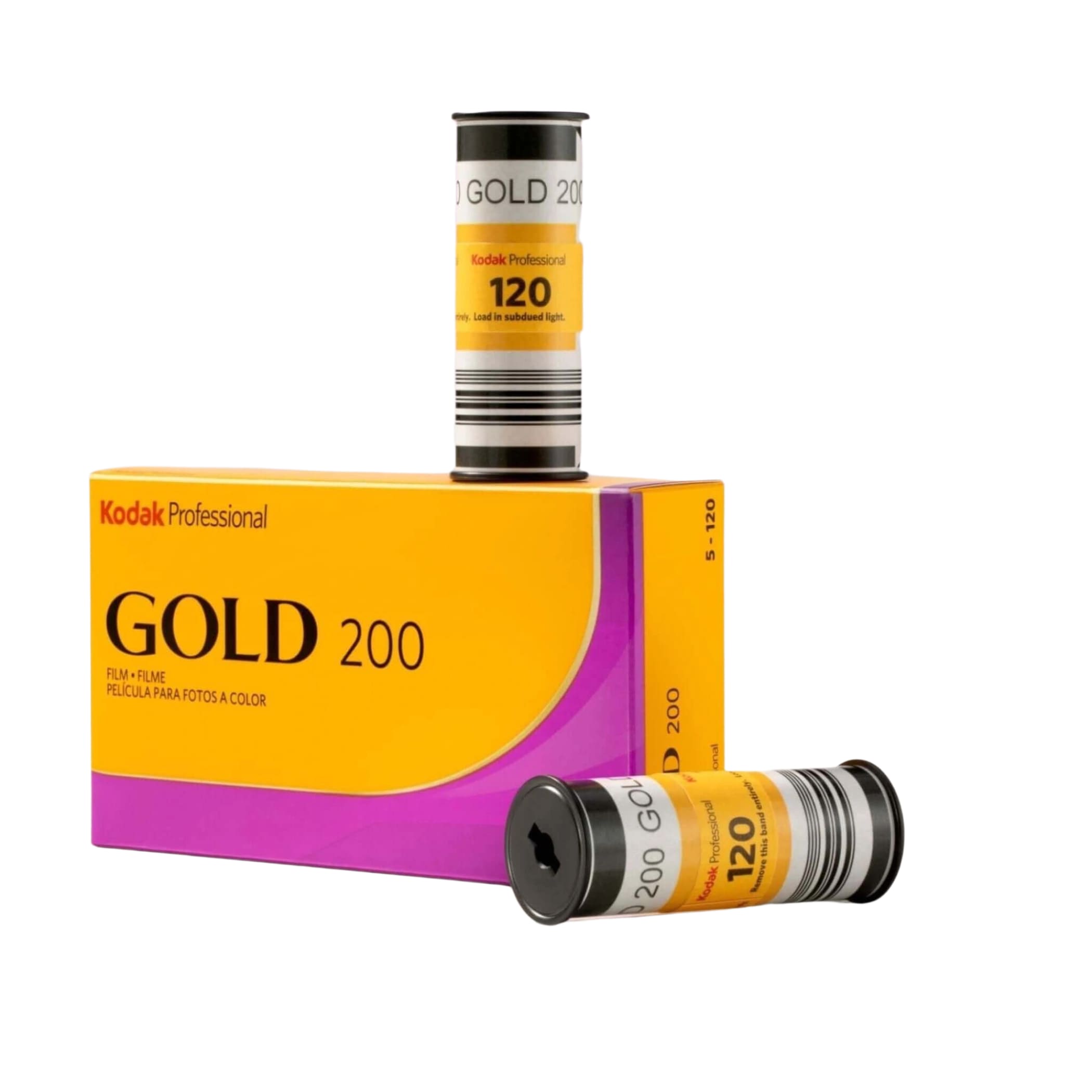 Kodak professional gold 200 color film rolls in vibrant yellow and purple packaging.