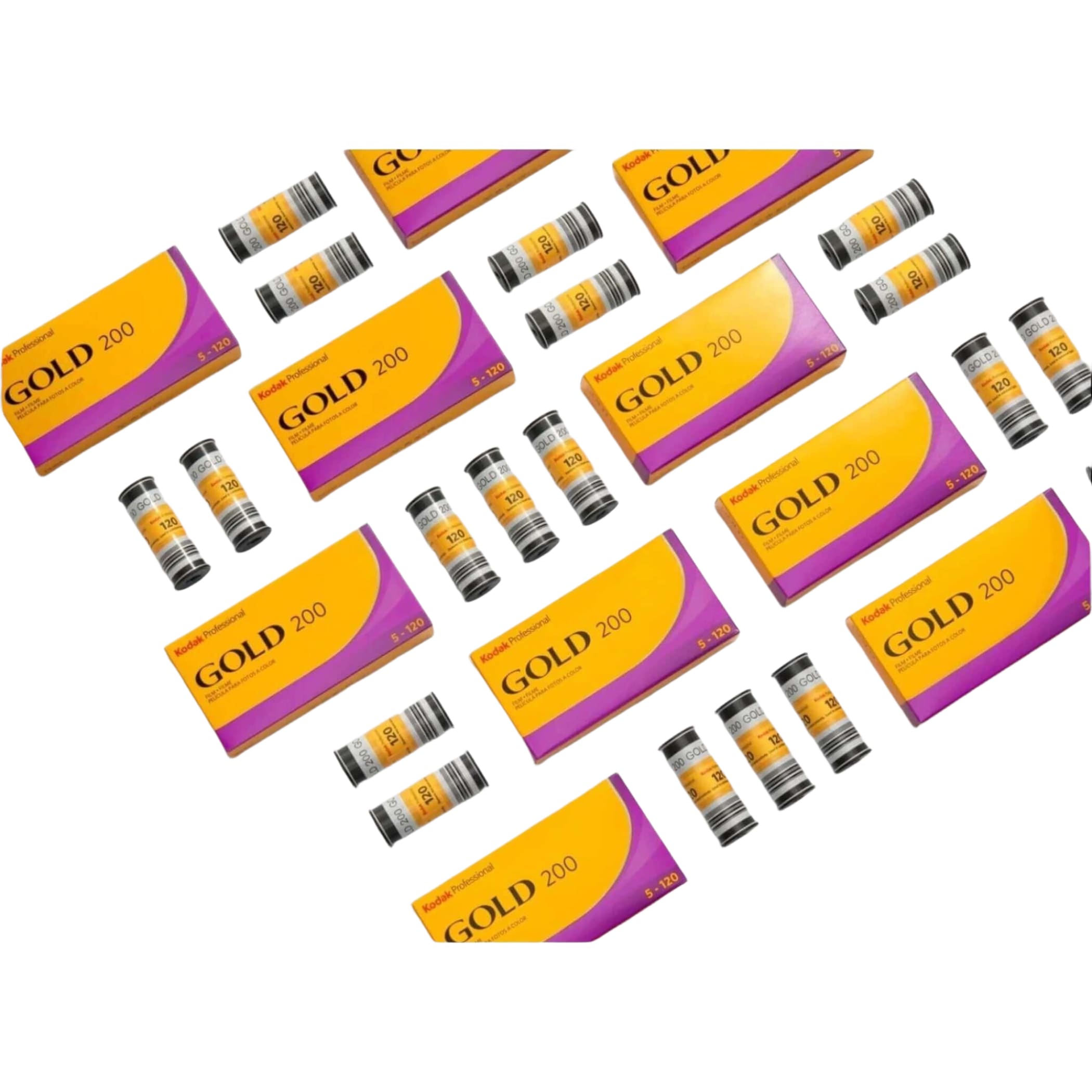 Vibrant yellow and purple kodak professional gold 200 film cartridges arranged neatly on a plain surface.