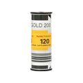Kodak professional gold 200 film roll, featuring a cylindrical design with black and white ends and a prominent yellow label displaying ’120’’ for medium format photography.