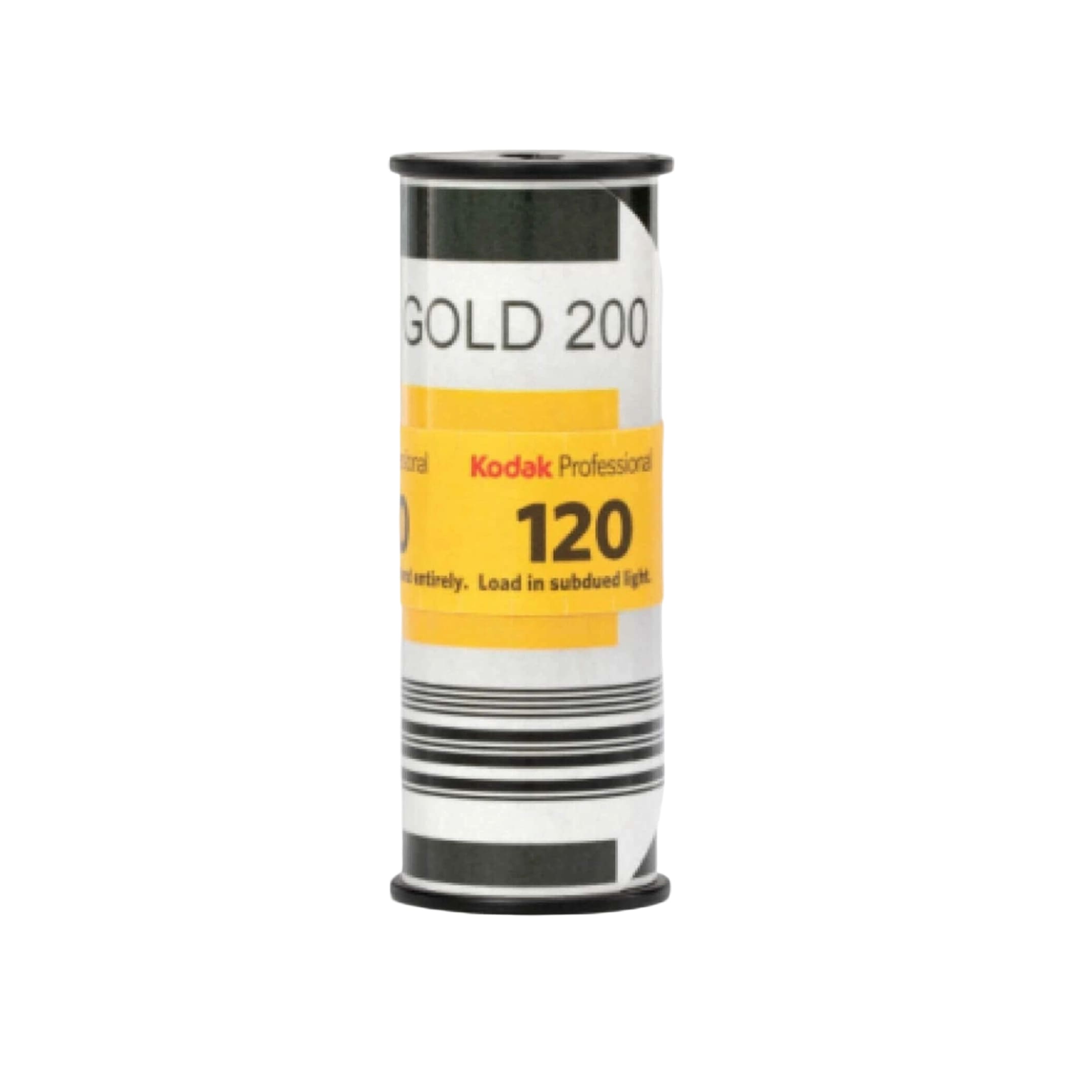Kodak professional gold 200 film roll, featuring a cylindrical design with black and white ends and a prominent yellow label displaying ’120’’ for medium format photography.