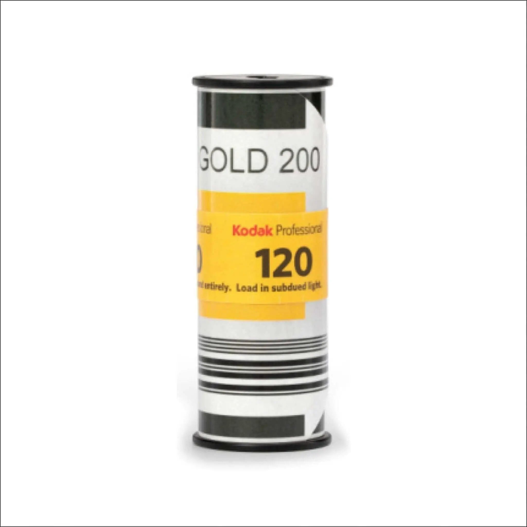 Kodak professional gold 200 film roll, featuring a cylindrical design with black and white ends and a prominent yellow label displaying ’120’’ for medium format photography.