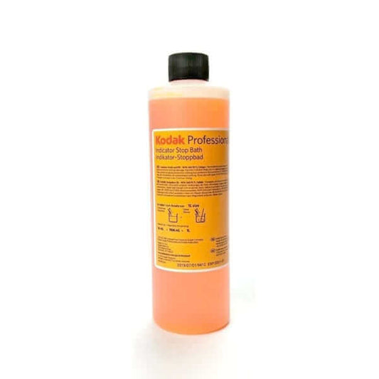 Kodak Indicator Stop Bath 16 oz. for Black and White film, features indicator for exhaustion, made in USA.