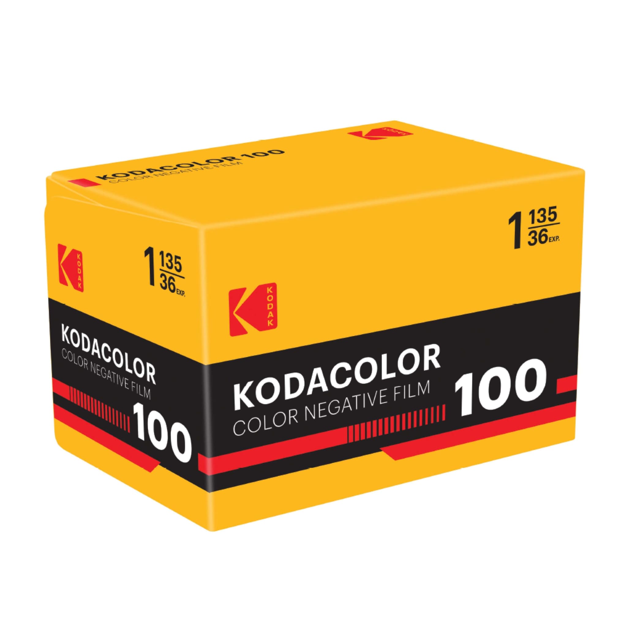 A vibrant yellow kodak kodacolor 100 color negative film box with bold black and red branding, designed for 36 exposures.