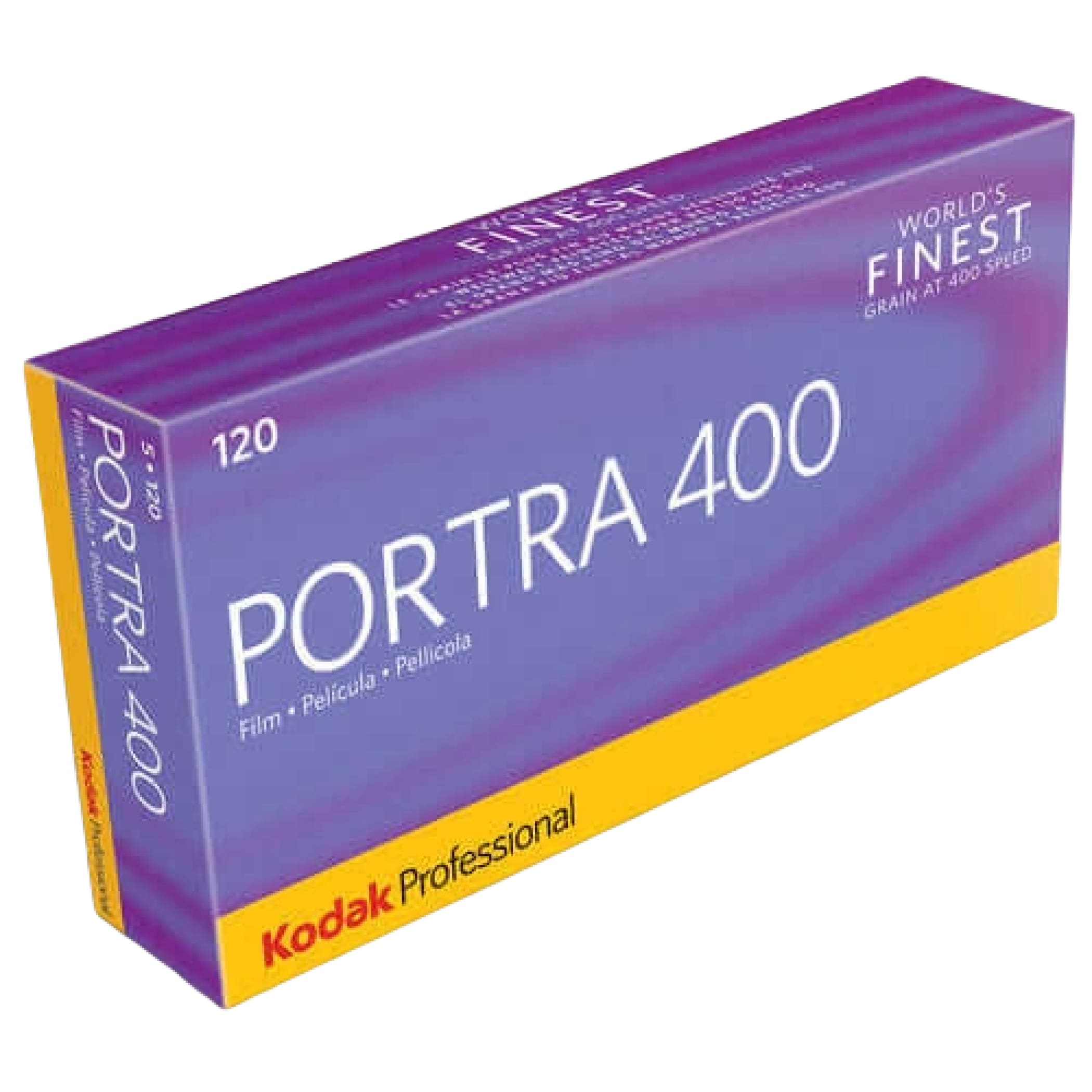 Purple and yellow box of kodak professional portra 400 film.