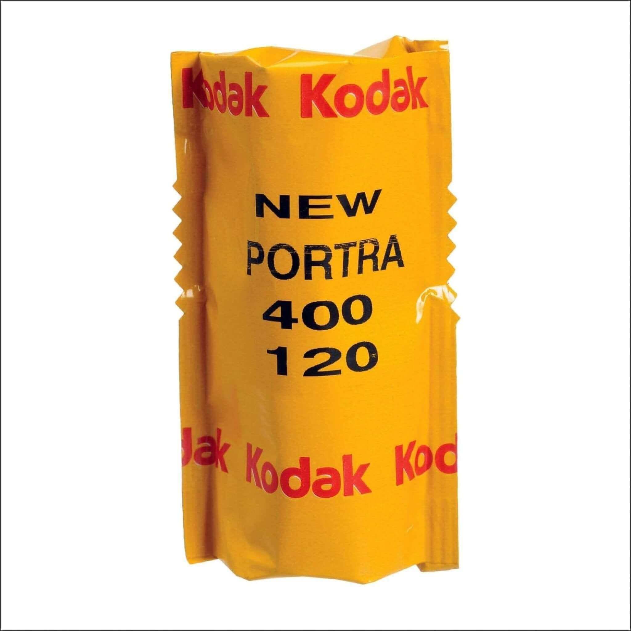 Yellow kodak portra 400 film pack for 120 format, featuring bold red and black text on a glossy plastic wrapper.