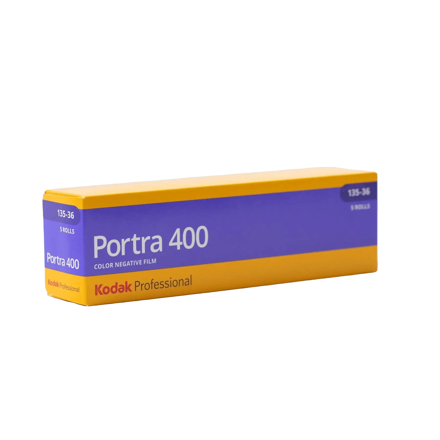 Kodak professional portra 400 color negative film in a vibrant yellow and purple box.