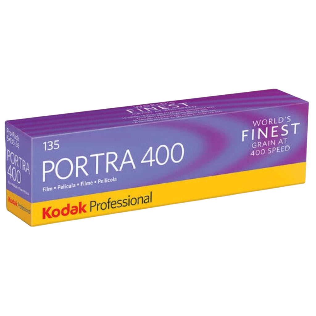 Purple and yellow box of kodak professional portra 400 film.