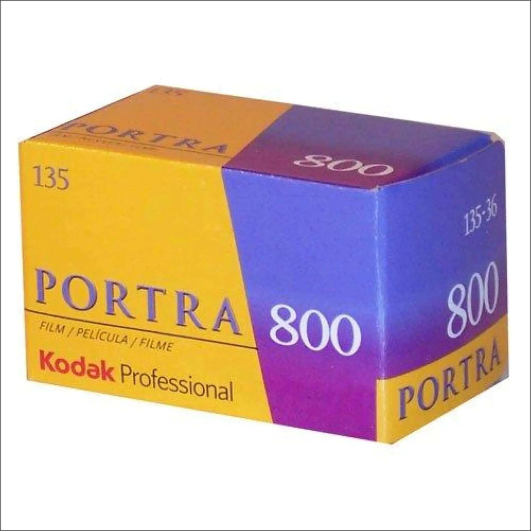 Kodak professional portra 800 film box with a vibrant yellow and purple design.