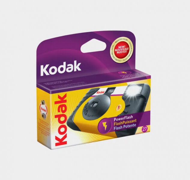 Vibrant yellow and black Kodak Powerflash film camera with purple packaging