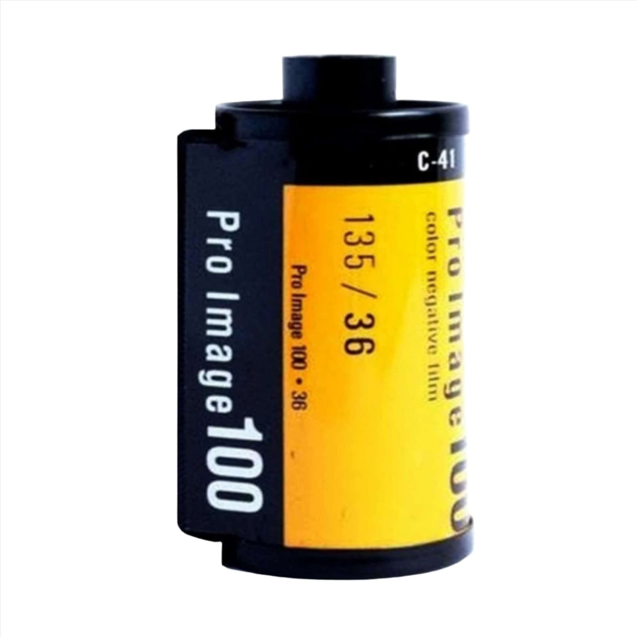A black and yellow pro image 100 c-41 color negative film canister with a label indicating it contains 36 exposures.