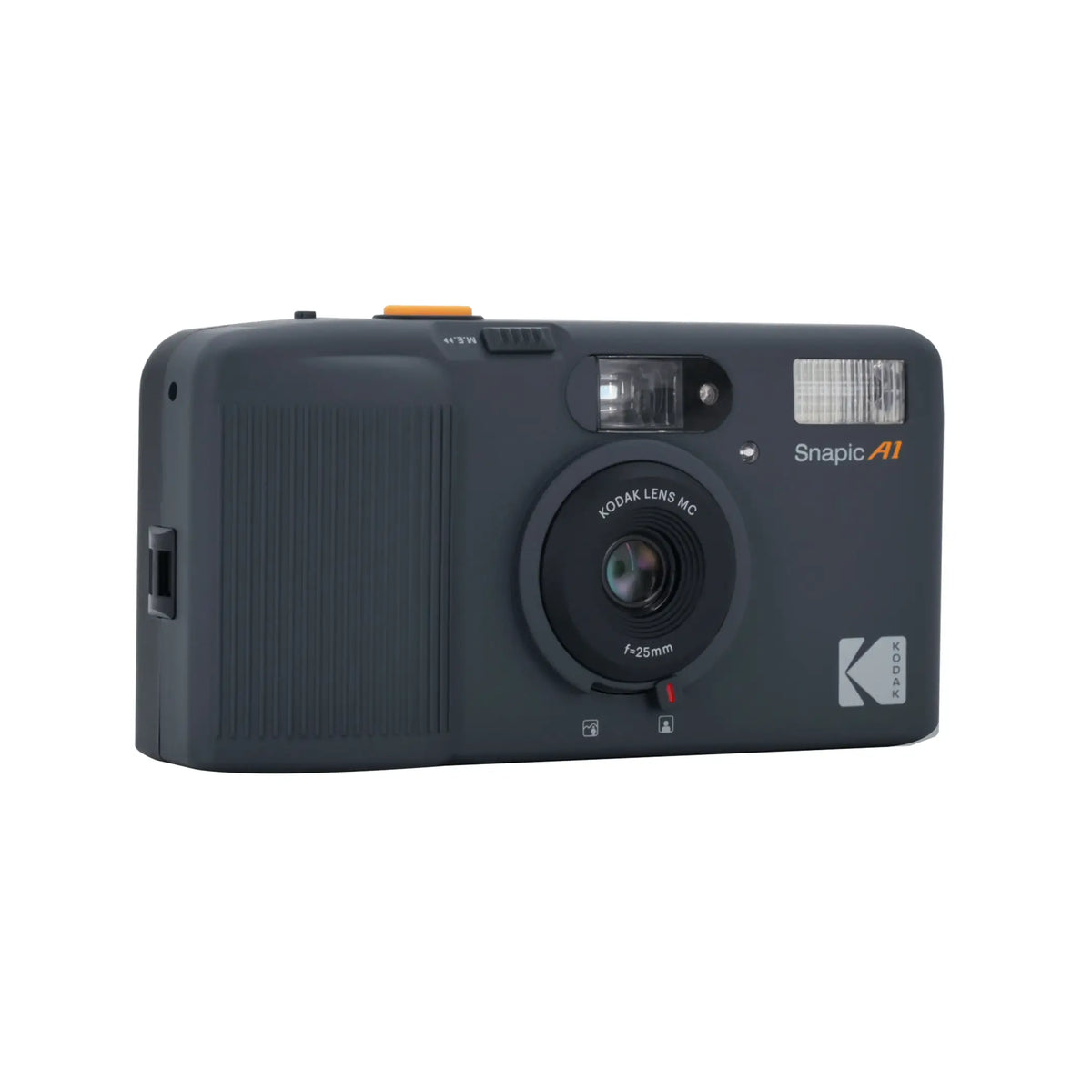 Black kodak snapic a1 instant camera with a 25mm lens and orange accents.