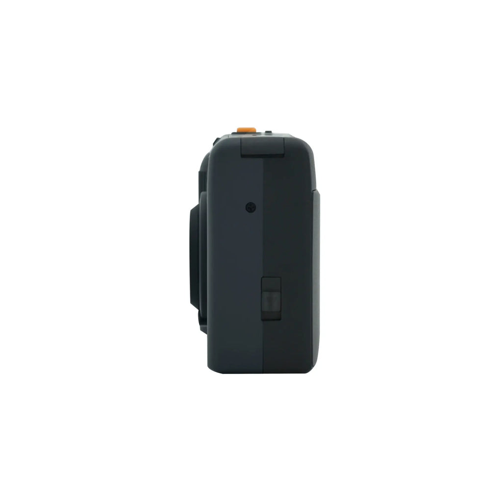 Black compact digital camera with a matte finish and an orange shutter button.