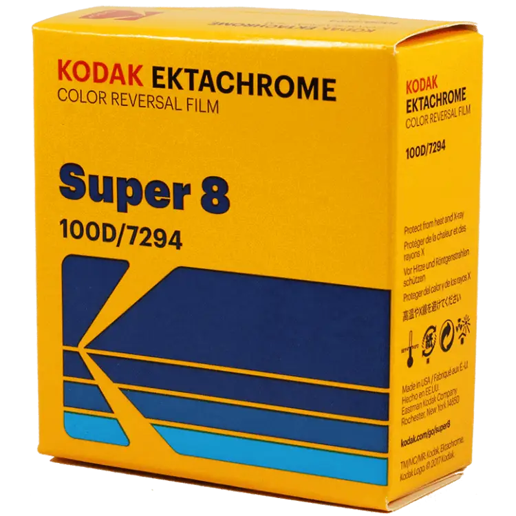 Bright yellow box of kodak ektachrome super 8 color reversal film, model 100d/7294.