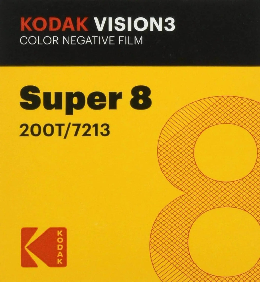 Kodak vision3 super 8 color negative film in a bright yellow package with black text and red branding.