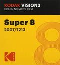Kodak vision3 super 8 color negative film in a bright yellow package with black text and red branding.