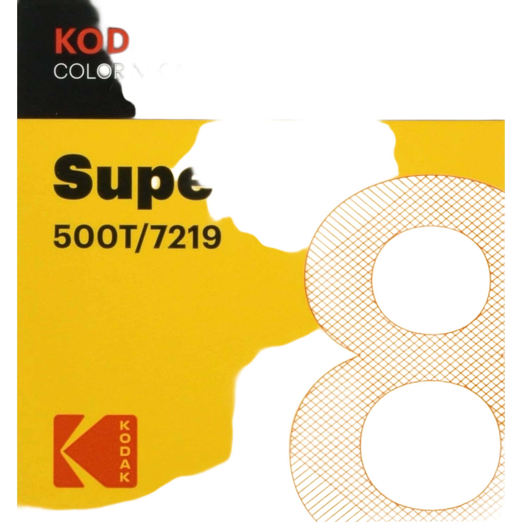 Kodak vision3 super 8 color negative film in a vibrant yellow package with bold black text and an orange grid-patterned numeral ’8’’.