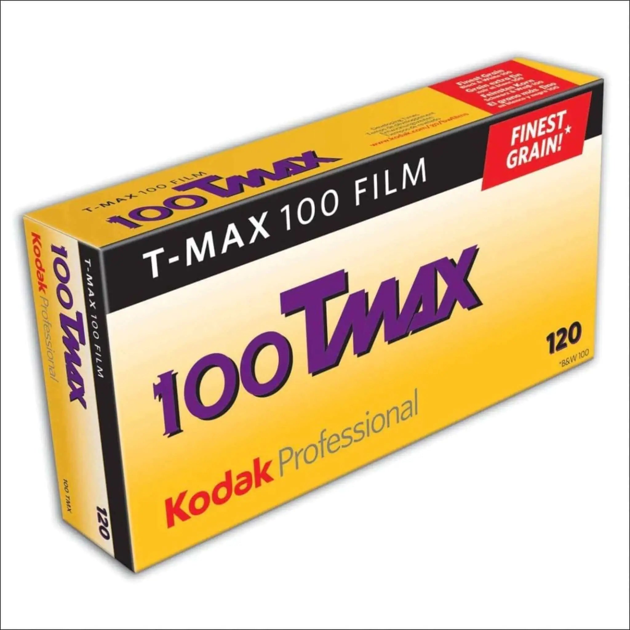 Yellow and purple kodak t-max 100 film box with black trim.