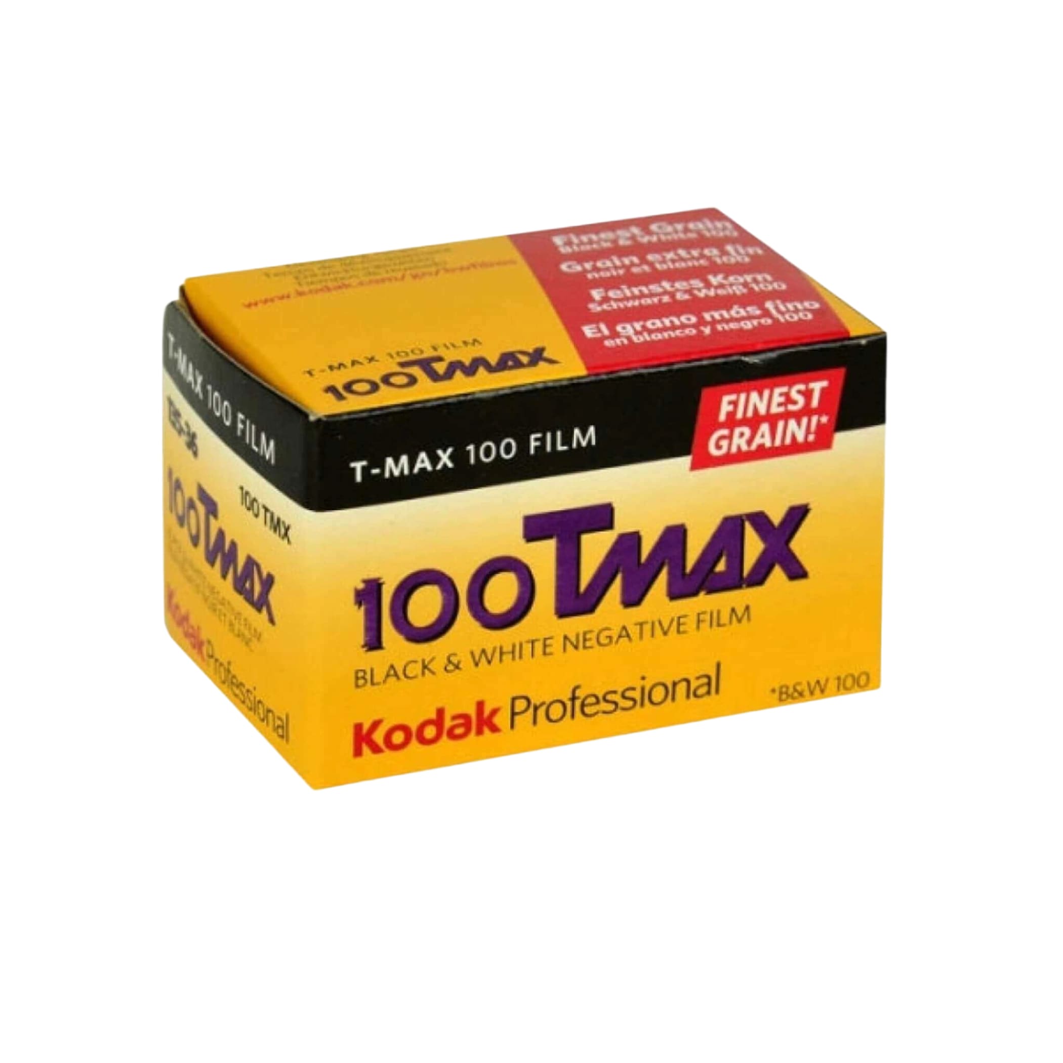 Yellow and black box of kodak professional 100tmax black & white negative film.