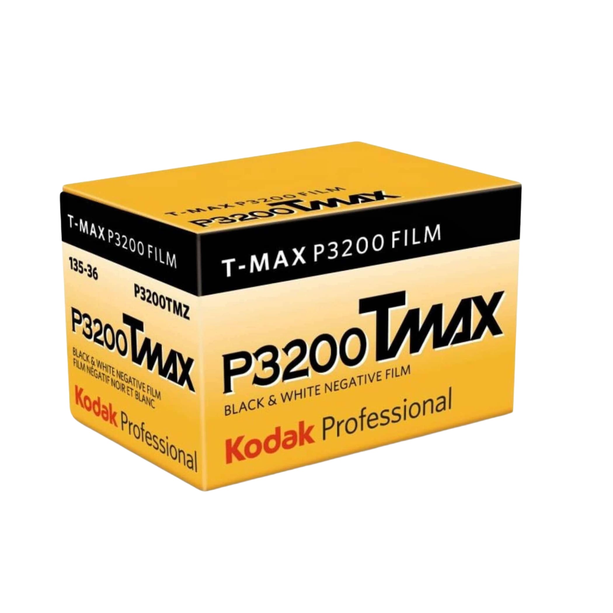 Kodak professional t-max p3200 black and white negative film in a vibrant yellow box with bold black and red branding.